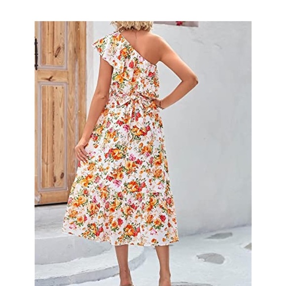 One Shoulder Colourful Midi Dress Layered Ruffle Floral Print Size XL - Picture 3 of 16